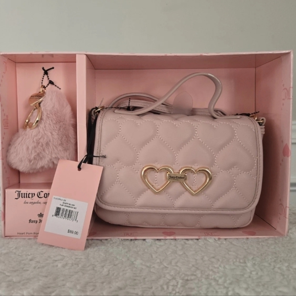 NIB Juicy Couture Dusty Blush Flap Crossbody & Pom Pom Gift Set
